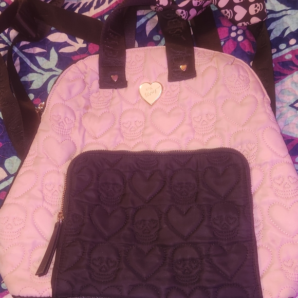Betsey Johnson Pink and Black Heart Skull Backpack - Picture 1 of 4